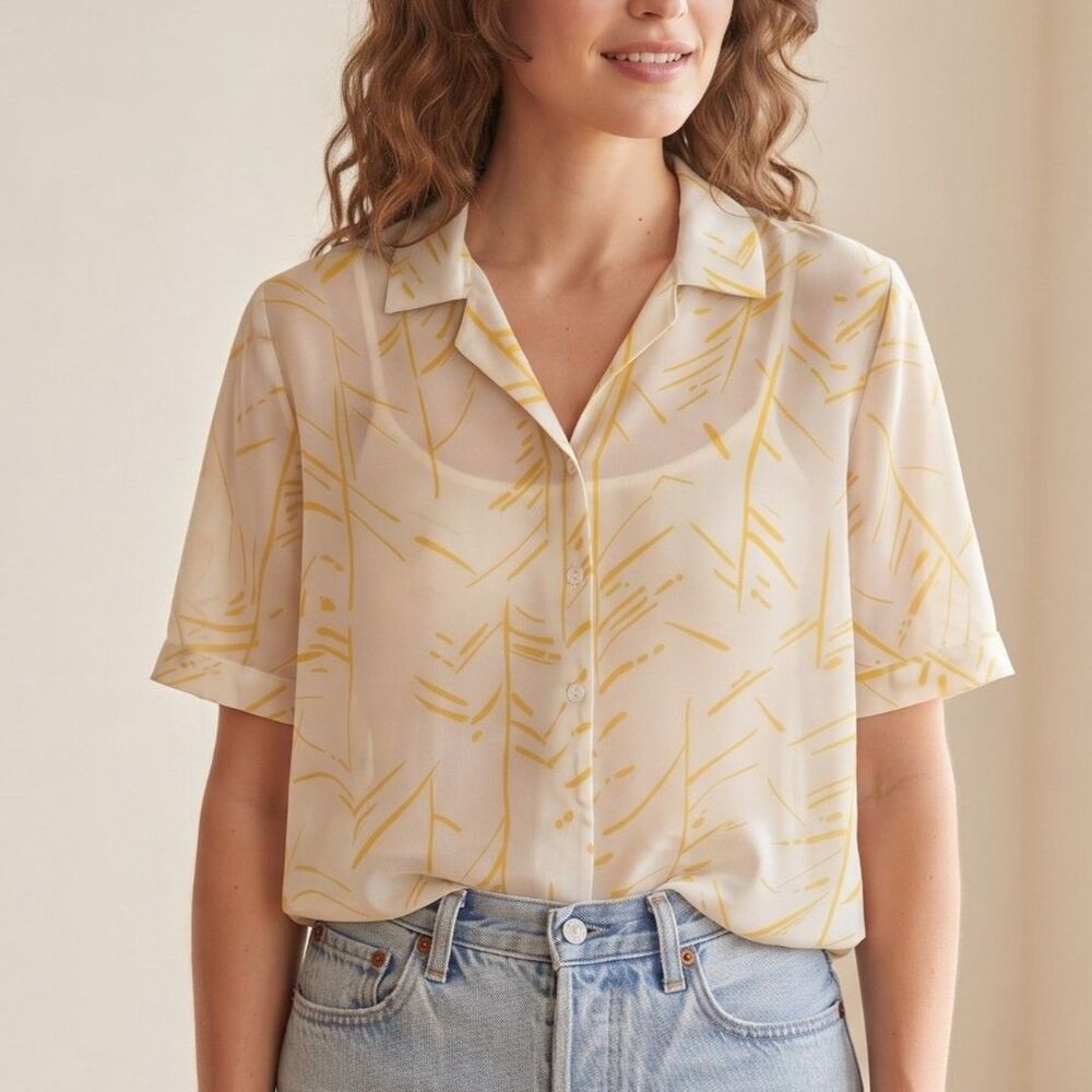VTG 90s Nordstrom Blouses 10 Cream Yellow Abstract Camp Collar Crepe Shirt HK